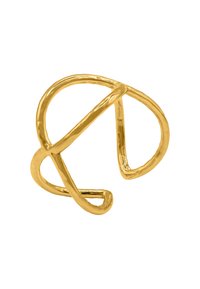 Eine goldplattierte, abstrakte Ring zeigt verschlungene, skulpturale Schleifen mit einer glänzenden Oberfläche, die eine glatte, glänzende Haptik und ein einzigartiges Design bieten.