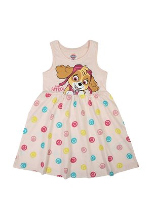 Robe sans manches pour filles avec personnage de la Pat' Patrouille et motif de visages souriants colorés sur tissu rose clair.