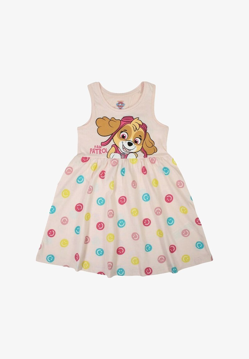 Robe sans manches pour filles avec personnage de la Pat' Patrouille et motif de visages souriants colorés sur tissu rose clair.