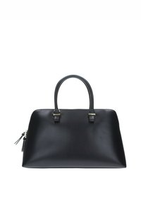 Borsa a tracolla nera in pelle con un design strutturato, doppi manici corti, hardware color argento e una cerniera sul lato.