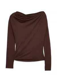 Brown long-sleeve top made of soft fabric, featuring a draped neckline and relaxed fit, with minimal seams and no visible hardware.