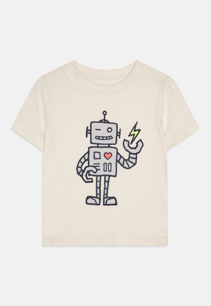 Cream short-sleeve t-shirt featuring an embroidered robot design with a heart, lightning bolt, and outlined in navy blue. Soft cotton fabric.