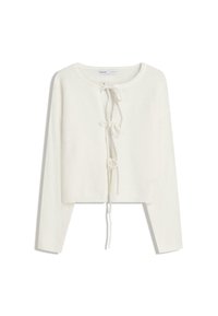 Gilet court à manches longues blanc avec col rond et trois fermetures à nouer à l'avant, en tissu tricoté doux.