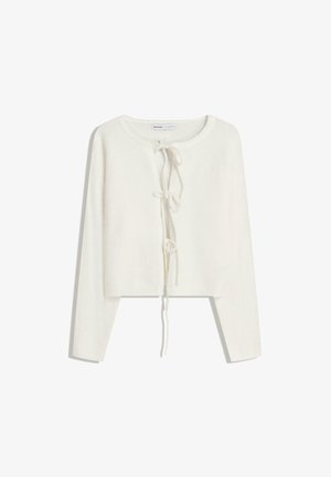 Weißer kurzer Langarm-Cardigan mit rundem Ausschnitt und drei vorderen Bindeschlaufen, aus weichem Strickstoff hergestellt.