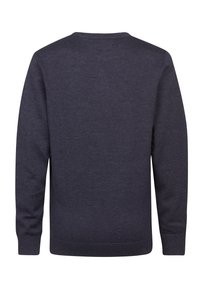 Pulover bleu marina din material tricotat, cu mâneci lungi, decolteu rotund și manșete și tiv cu margini ribbate. Design minimalist fără modele.