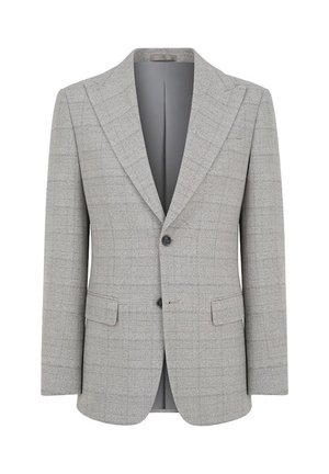 Jasnoszara kraciasta męska marynarka z dwoma guzikami, klapami z wycięciami i kieszeniami z klapami z przodu.