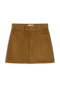 Brauer Cord-Ripprock mit geriffelter Textur, der eine Frontknopfverschließung, zwei Taschen und eine klassische A-Linie-Form aufweist.