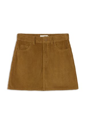 Bruine corduroy rok met een geribbelde textuur, voorzien van een knoopsluiting aan de voorkant, twee zakken en een klassieke A-lijn vorm.