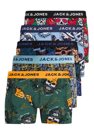Ensemble de cinq boxers pour hommes aux motifs variés, de différentes couleurs, avec des ceintures élastiques arborant le logo "JACK & JONES" dans des teintes diverses.