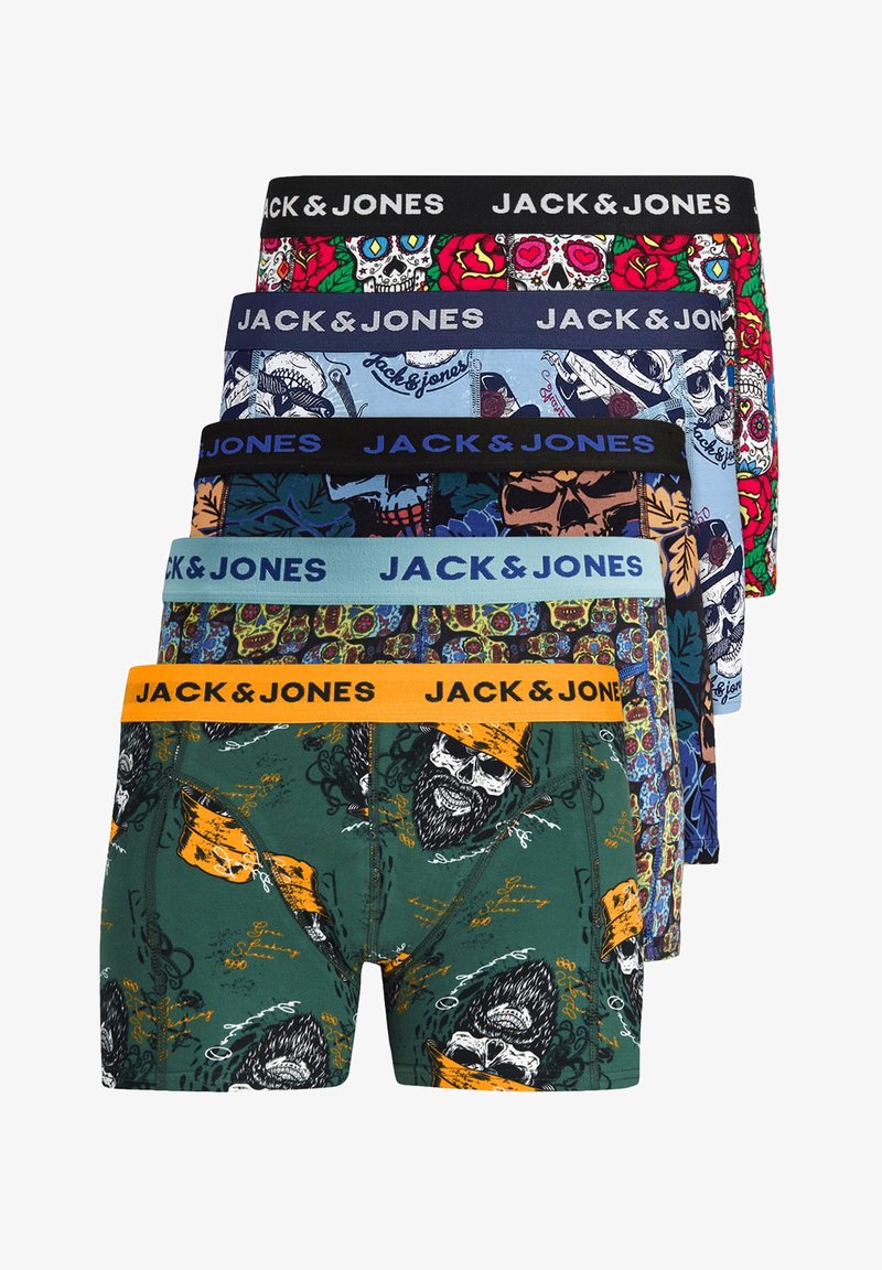Ensemble de cinq boxers pour hommes aux motifs variés, de différentes couleurs, avec des ceintures élastiques arborant le logo "JACK & JONES" dans des teintes diverses.