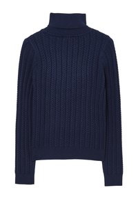 Pull marin avec un col haut en côtes. Texture en tricot torsadé et manches longues. Doté d'une taille ajustée et de poignets, mettant en valeur un design ajusté.