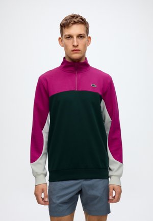 Jeune homme portant un pull à blocs de couleurs magenta, vert foncé et blanc, ainsi qu'un short gris, debout devant un fond blanc uni.
