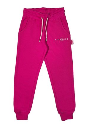 Pantaloni della tuta rosa realizzati in tessuto morbido, con cintura elastica, coulisse, due tasche laterali e un piccolo logo stampato sulla parte anteriore.