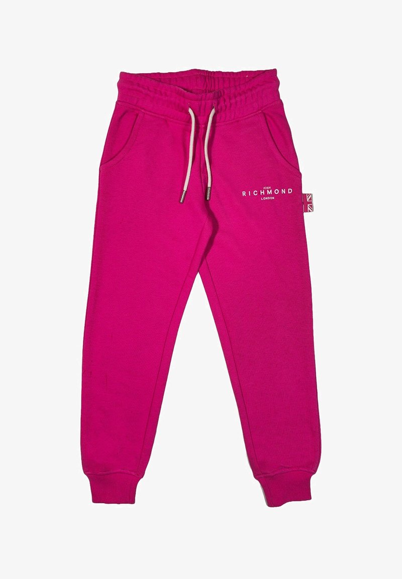 Pantaloni della tuta rosa realizzati in tessuto morbido, con cintura elastica, coulisse, due tasche laterali e un piccolo logo stampato sulla parte anteriore.