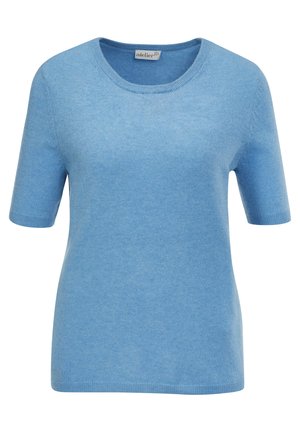 Kurzarm-Pullover aus weichem blauem Strick. Mit Rundhalsausschnitt und gerippten Kanten, hat eine glatte Textur und einen lässigen Schnitt.