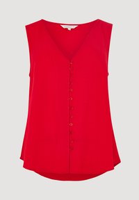 Red sleeveless top in lightweight fabric with a V-neck and a row of buttons down the front, featuring a curved hem.