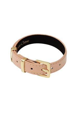 Collier pour animal en cuir rose clair avec boucle dorée et trous de réglage sur fond blanc.