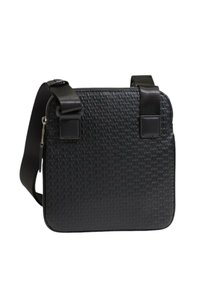 Black square crossbody bag made of textured synthetic material. Features two adjustable straps and a zippered closure.