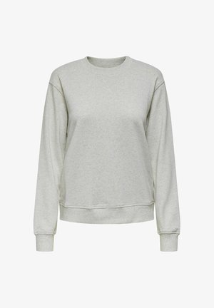 Sweatshirt à col rond gris clair avec des manches longues, des poignets et un ourlet côtelés, présenté sur un fond blanc uni.