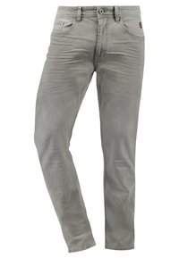Lys grå denimjeans med rett ben-design, som har fem lommer, kontrasterende sømmer og en knappelukking i livet.