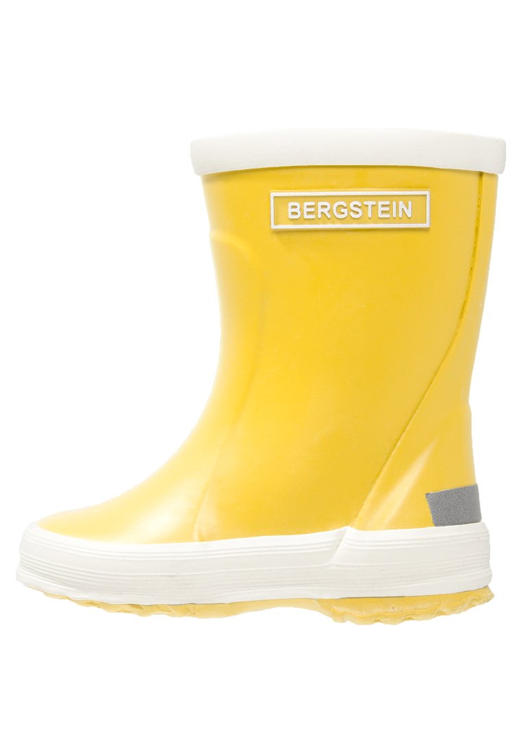 Geel rubberen regenlaars met een witte rand en grijze accenten. Heeft een gestructureerd oppervlak en een wit logo label aan de zijkant.