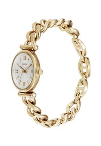 Guld metalur ur med en rund hvid skive og romerske tal, suppleret af et kraftigt armbånd i kædedesign.