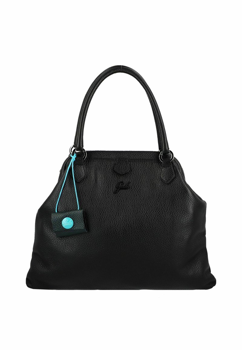 Zwarte lederen handtas met een gestructureerde afwerking, twee handgrepen en een klein turquoise label. Kenmerkt zich door een gladde silhouet en een afgeronde vorm.