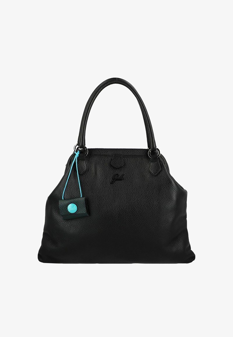 Zwarte lederen handtas met een gestructureerde afwerking, twee handgrepen en een klein turquoise label. Kenmerkt zich door een gladde silhouet en een afgeronde vorm.