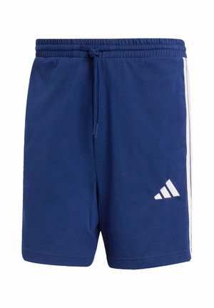 Marineblauwe sportieve shorts gemaakt van zachte stof, met een elastische tailleband met trekkoord en witte zijstrepen met een logo-accent.