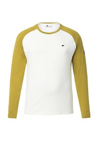 Langsleeve T-shirt met een witte romp en olijfgroene raglanmouwen. Gemaakt van zachte stof met een klein zwart logo op de borst.
