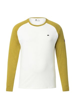 Langarm-T-Shirt mit weißem Körper und olivgrünen Raglanärmeln. Hergestellt aus weichem Stoff mit einem kleinen schwarzen Logo auf der Brust.