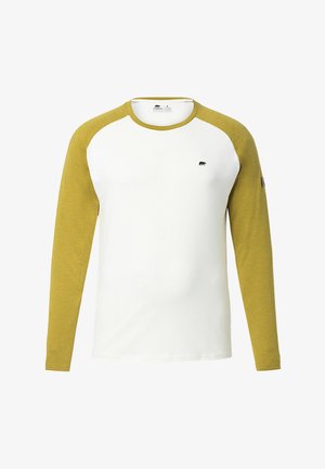 Langarm-T-Shirt mit weißem Körper und olivgrünen Raglanärmeln. Hergestellt aus weichem Stoff mit einem kleinen schwarzen Logo auf der Brust.