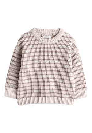 Dziecięcy sweter z długim rękawem, dziergany w paski kremowe i jasnobrązowe, z prążkowanym kołnierzem, mankietami i dolnym obszyciem.