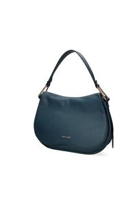 Borsa a spalla in pelle blu scuro con una forma curva, hardware dorato e una sola tracolla. Finitura testurizzata e logo sottile sul davanti.