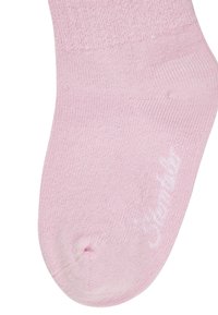 Light pink cotton sock with ribbed texture, featuring a reinforced toe and heel, and a white logo near the ankle.