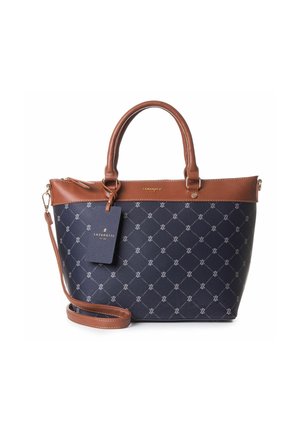 Sac fourre-tout marine en matériau texturé avec des accents en cuir marron ; motif en losanges ; poignées supérieures doubles et bandoulière amovible ; étiquette de marque attachée.