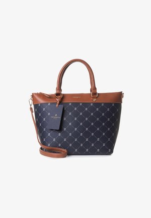 Marine tote bag van gestructureerd materiaal met bruine leren accenten; ruitpatroon; dubbele handvatten aan de bovenkant en een afneembare schouderriem; merketiket bevestigd.