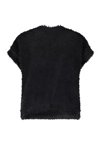 Zwarte fuzzy brei top met korte mouwen en een wijde halslijn, weergegeven vanaf de achterkant tegen een witte achtergrond.