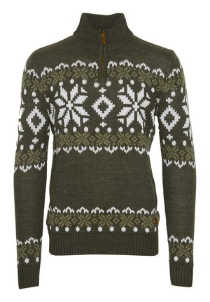Pull en maille vert olive avec un col zippé, présentant des motifs de flocons de neige blancs et vert clair ainsi que des motifs géométriques sur la poitrine et les manches.