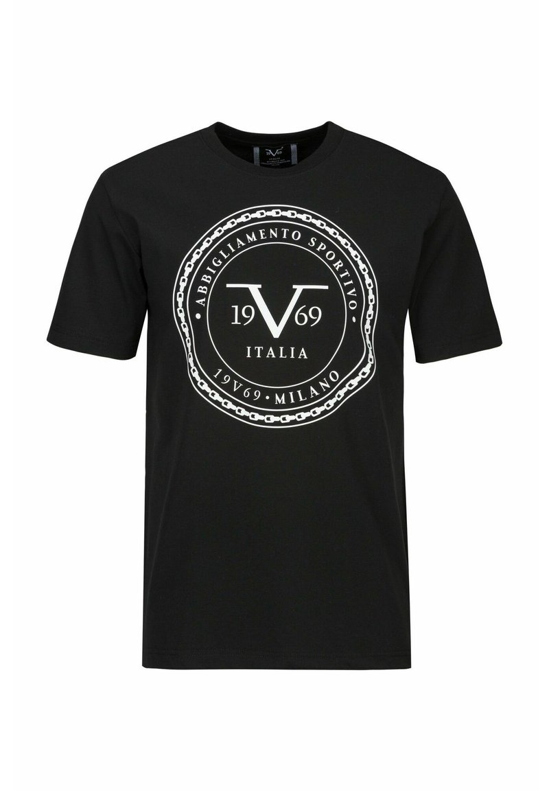Schwarzes Baumwoll-T-Shirt mit einem runden Grafikdesign, das "V 1969" und "Abbigliamento Sportivo Italia" in Weiß zeigt, umgeben von einem kreisförmigen Kettenmuster.