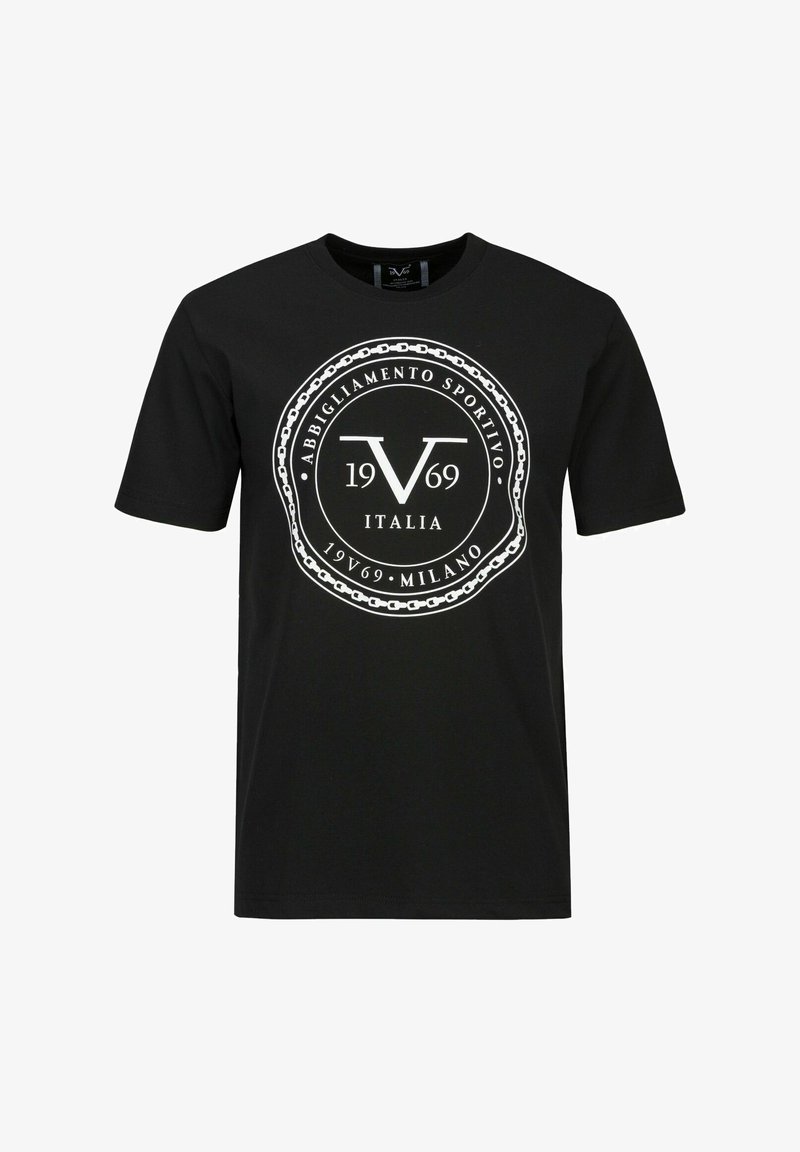 Schwarzes Baumwoll-T-Shirt mit einem runden Grafikdesign, das "V 1969" und "Abbigliamento Sportivo Italia" in Weiß zeigt, umgeben von einem kreisförmigen Kettenmuster.