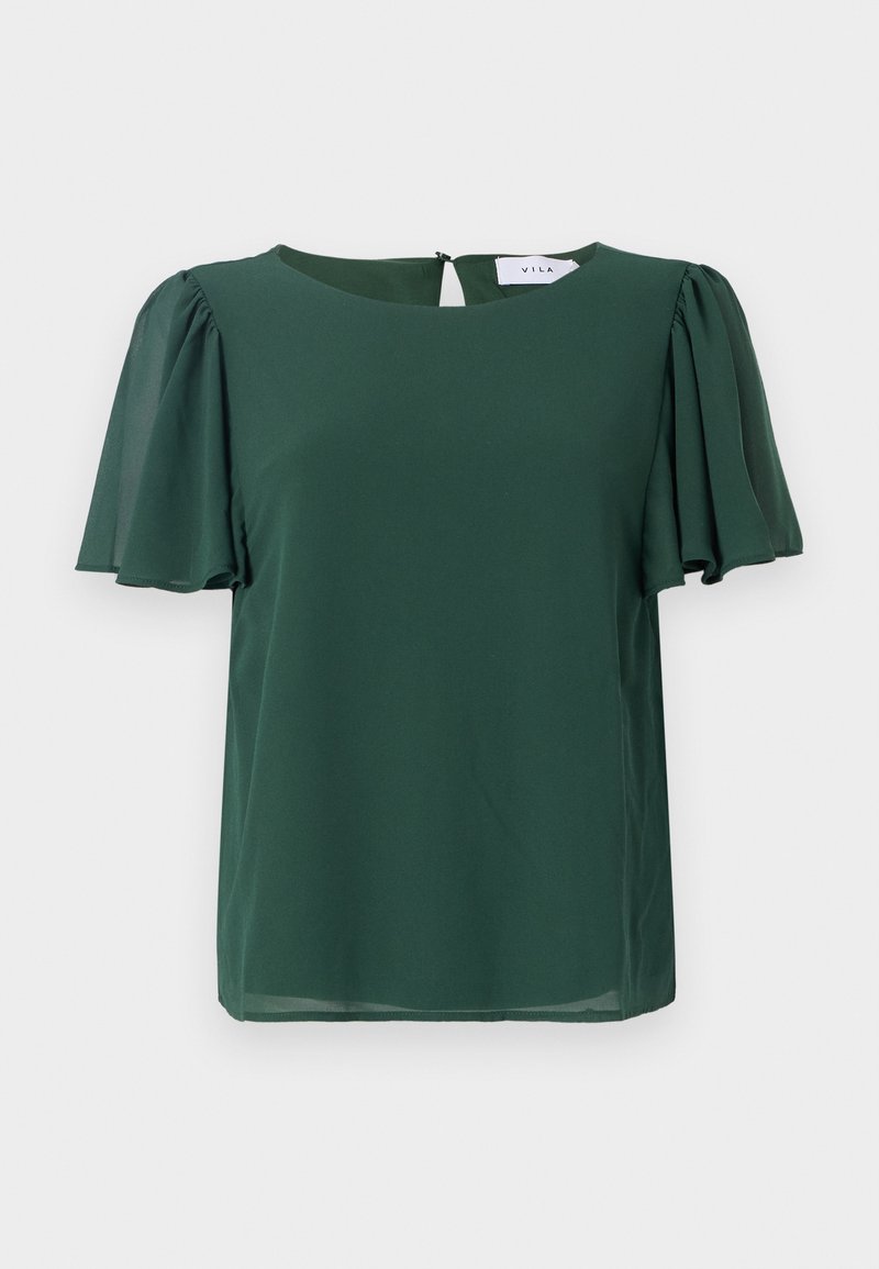 Blouse verte à manches courtes avec un col rond et un détail en forme de trou de serrure à l'arrière. Fabriquée en tissu léger et doux avec un design fluide.