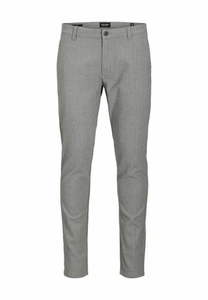 Grijze slim-fit broek van een gestructureerde stof met een subtiel streepjespatroon. Voorzien van een sluiting met knoop aan de voorkant en standaard zakken.