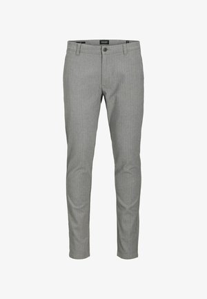 Grå, slim-fit bukser lavet af et tekstureret stof med et subtilt sildebensmønster. Har en frontknaplukning og standardlommer.