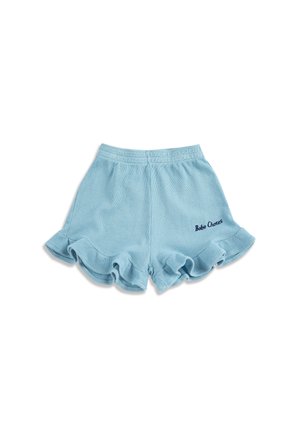 Shorts bleu clair texturés avec ourlets à volants et taille élastique, présentant un petit texte bleu foncé "Bobo Choses" sur la jambe droite.