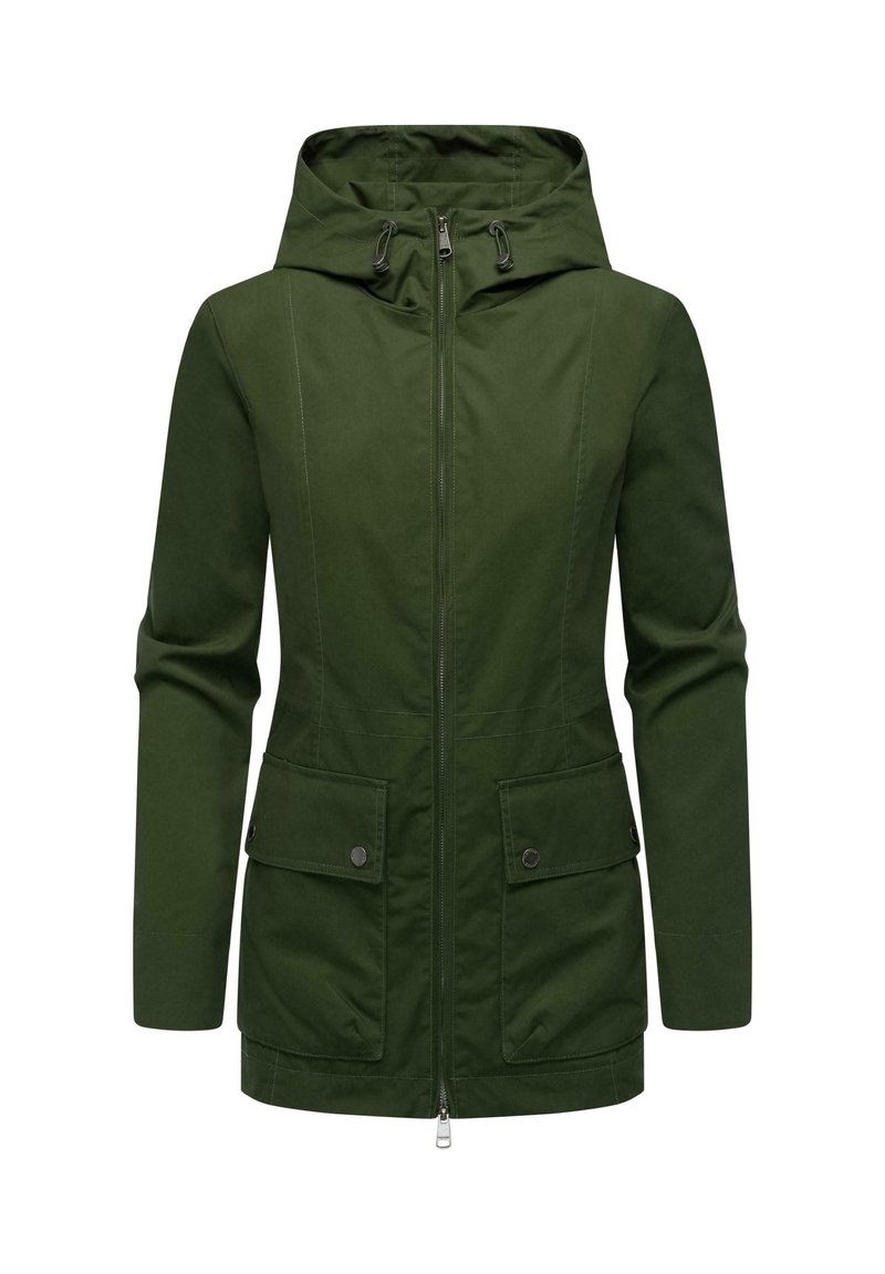 Jachetă verde cu glugă, fabricată dintr-un material durabil, dotată cu fermoar complet, două buzunare frontale cu clapetă și cusături fără sudură pentru un aspect elegant.