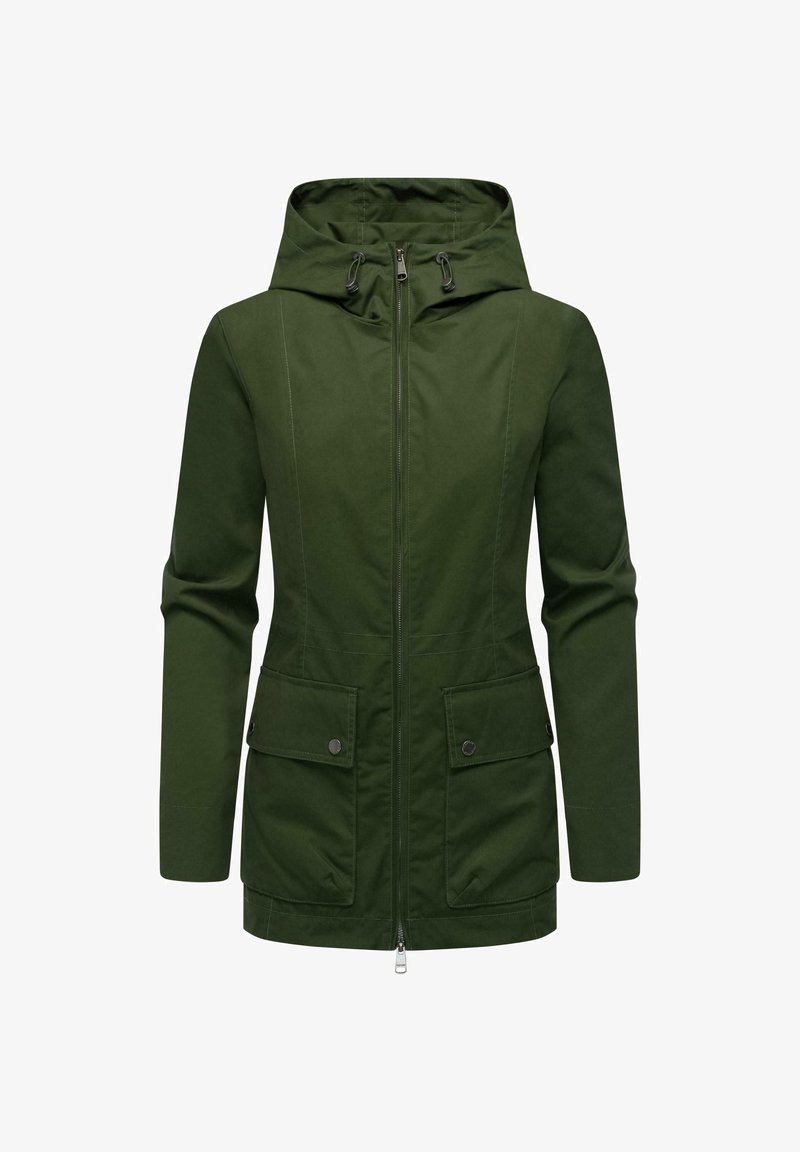 Jachetă verde cu glugă, fabricată dintr-un material durabil, dotată cu fermoar complet, două buzunare frontale cu clapetă și cusături fără sudură pentru un aspect elegant.