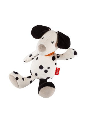 Soft Dalmatian plush toy with black spots, large floppy black ears, and a red fabric tag on white background.