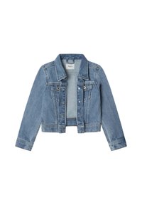 Svetlo modra jeans jakna z dolgimi rokavi, zapenjanjem na gumb in skrajšanim krojem. Ima dve žepni žepi na prsih in klasičen ovratnik.