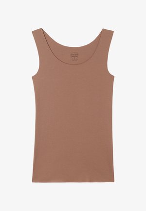 Canotta senza maniche con scollo ampio, in tessuto di cotone marrone chiaro, taglia piccola con etichetta interna al collo.